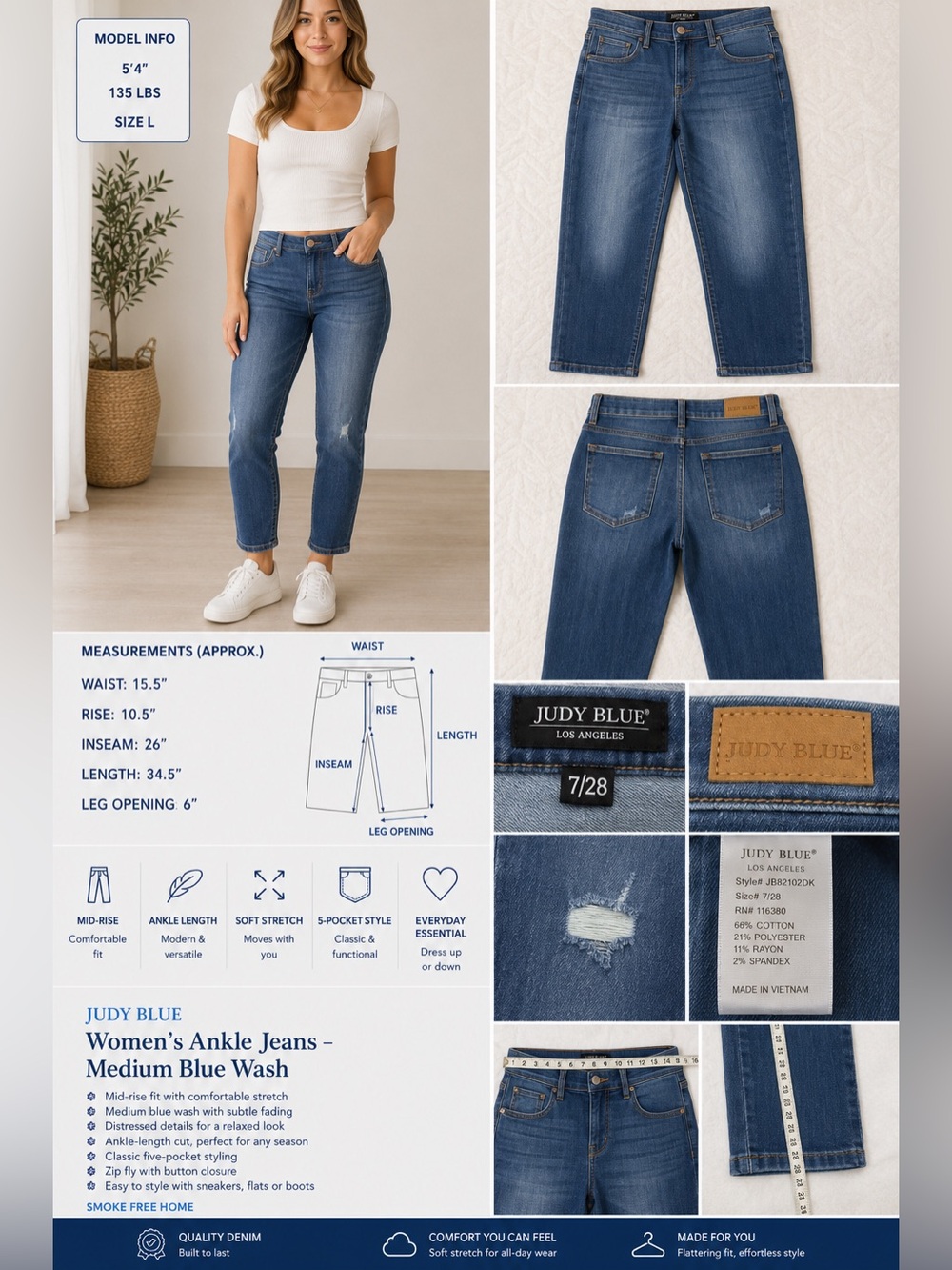 Judy Blue Boyfriend Distressed Ankle Jeans Size 7/28 Medium Wash Stretch Denim
